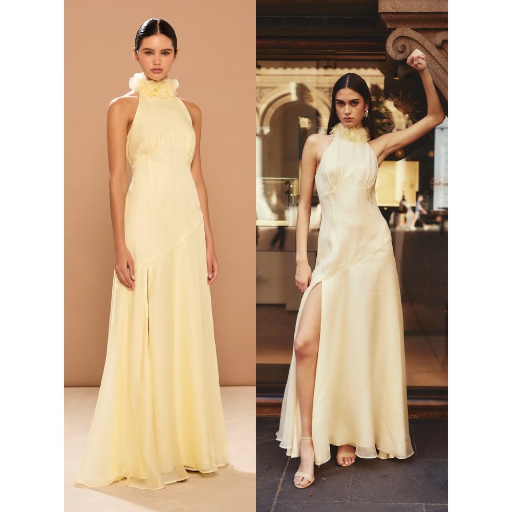NWT Sonya Moda Noelle Silk Organza Halter Gown in Yellow $580 -‎ Size XL